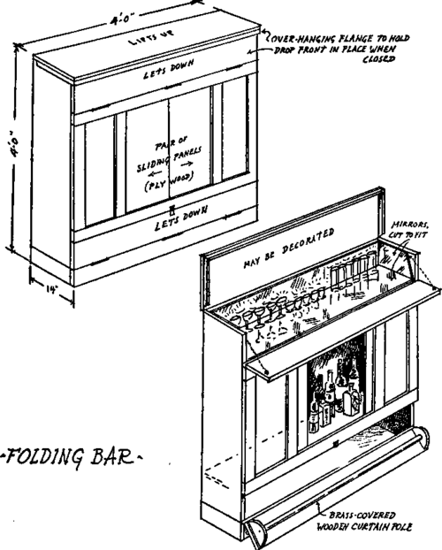 Closed and open views of a concealed bar