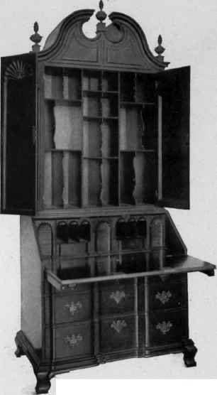 Block Front, Slant Top Scrutoire with cabinet top, third quarter eighteenth century.