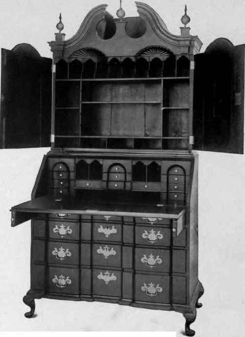Block Front, Slant Top Scrutoire with cabinet top, third quarter eighteenth century.
