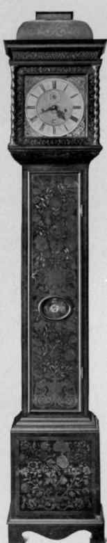 Tall Clock, marquetry case, about 1700.
