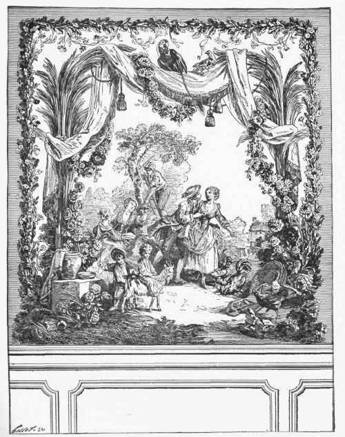 Beauvais Tapestry : Pastoral, copied from F. Boucher, marked with a fleur de lis and the inscription D. M. Beauvais (Collection of M. L. Double.)
