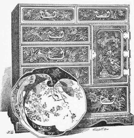 Cabinet of red chased lacquer of Japan. (Collection of M. P. Gasnault). Japanese porcelain dish with chrysanthemo pceonian decoration. (Collection of M. J. Jacquemart.)