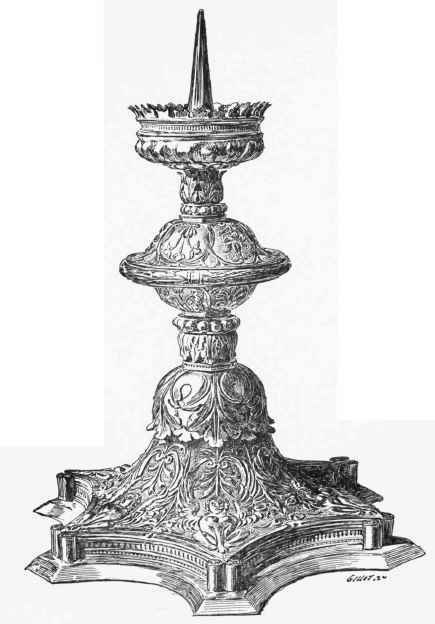 Candlestick of repousse copper, chased and gilt, Italian work of the Fifteenth Century. (M. E, Bonaffe's Collection),