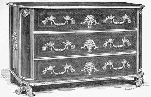Commode of marquetry decorated with chased bronzes, end of the reign of Louis XIV. (Collection of Dr. Piogey )