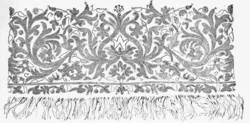 Embroidery in varied silks on cloth ground ; old Arab work. (Collection of M. J. Jacqucmart.)