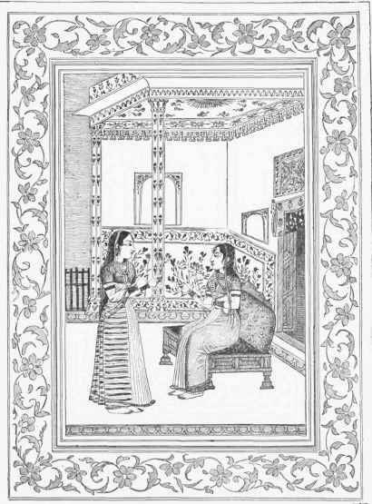 Indian Miniature, its border, and details of costume and furniture in the ornamental style of the sixteenth century.