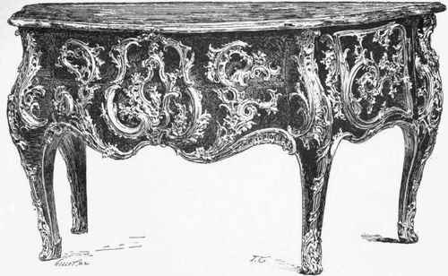 Largo Commode with bombe front of rose and violet wood, decorated with bronzes chased by Caffleri, period of Louis XV. (Collection of Sir Richard Wallace.)