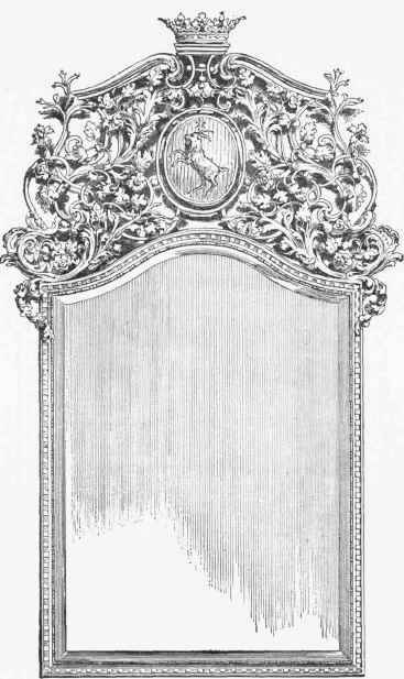 Looking glass in wrought iron frame, chased and polished. French work of the Sixteenth Century.