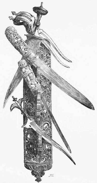 Rack, of antique Birman Arms, with hilts of carved ivory, or of damascened work. (Collection of M. J. Jacquemart.)