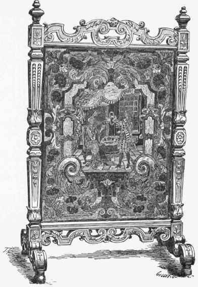Screen embroidered with various coloured beads, en couehure, mounted in gilt wood; epoch of Louis XIV. (Collection of M. H. Barbet de Jouy).