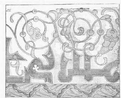 Silken fragment, part of a sacerdotal vestment found in the tomb of a bishop of the twelfth Century at Bayonne. (Musee de Cluny.)