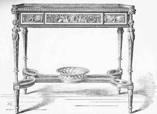 Small table given by Marie Antoinette to Madame de Polignae, the top of Japan Jacquer, mounted in chased and gilded bronze End of the Louis XVI. period. (.Museum of the Louvre.)