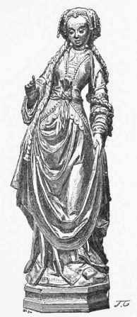 Statuette carved in wood; costume of the end of fifteenth century. German work. (J. Fau's Collection.)