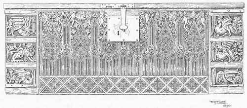 CARVED OAK COFFER OF THE PERPENDICULAR PERIOD IN BRANCEPETH CHURCH, NORTHUMBERLAND