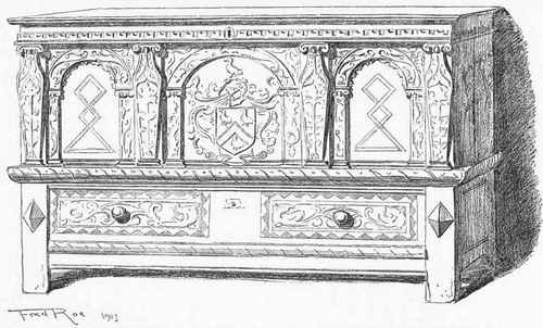 CHEST CARVED WITH THE ARMS OF RICHARD KILBURNE, OF HAWKHURST, AND NOW OWNED BY G. G. KILBURNE, ESQ., R.I., MIDDLE OF THE SEVENTEENTH CENTURY