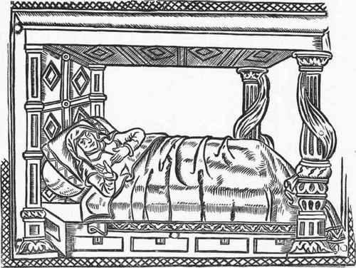 THE HARISON BRASS IN ST. NICHOLAS CHURCH, HURST, BERKS, SHOWING REPRESENTATION OF A LOCKER BEDSTEAD OF THE TUDOR PERIOD