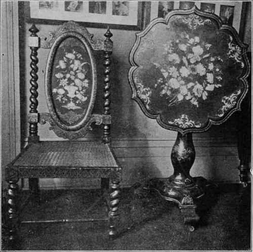 INLAID AND LACQUERED TABLE AND CHAIR.