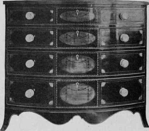 Swell front Inlaid Bureau, about 1795.