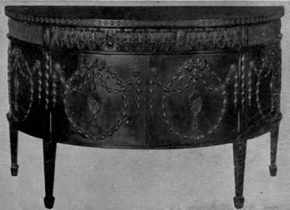 Semicircular Console Cabinet, Carved Mahogany, Square Tapered Legs, Spade Feet.