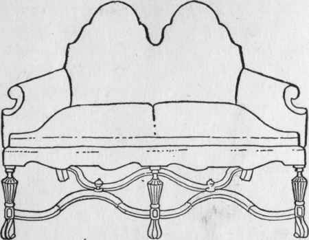 Settee with Double Arched Back, Fluted Spindle Legs and Spanish Scroll Feet with Shaped Stretchers.