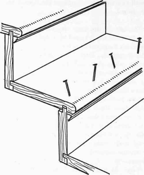 The average noisy staircase will quiet down when the treads are more firmly secured to the top edge of the risers as shown