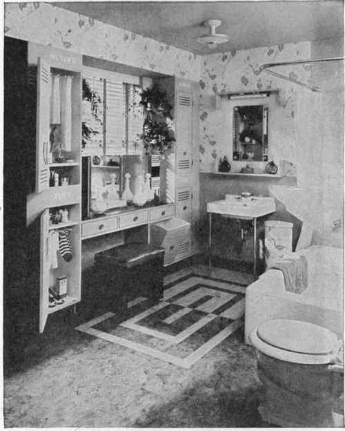 The three standard essential fixtures, found in the average bathroom, are shown here grouped in one corner of the room