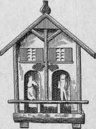 Fig. 161.   Swiss cottage Barometer.This device is arranged to show the condition of atmospheric humidity by the movement of the images. It is not really a barometer.