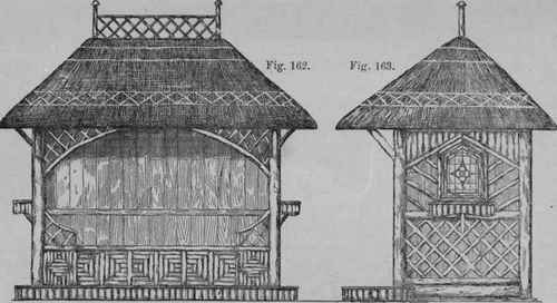 Figs. 162 and 163.   Front and Side Elevations of Shelter for Tennis Lawn.