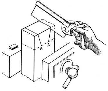 Fig. 308.   Sawing the Dovetails.