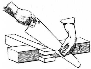 Fig. 92.   Sawing off Waste from Bridle Joint.  (See reference on page 39.)