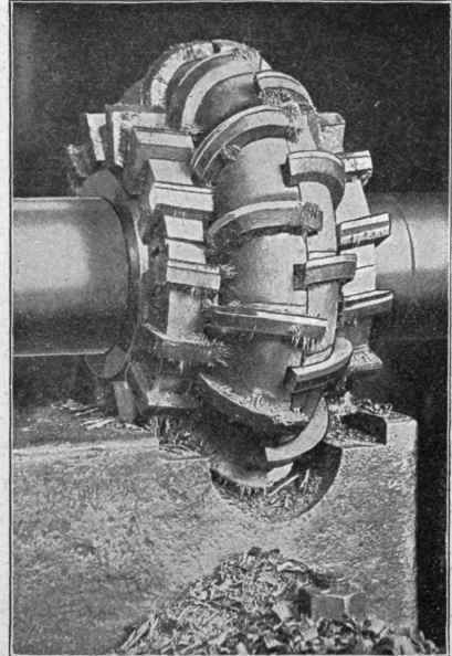 Fig. 346. Production Milling Cutter in Heavy Work Courtesy of Ingersoll Milling Machine Company, Rockford, Illinois