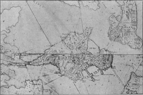 Boston, 1777, showing how nearly the site was an island; site chosen chiefly for protection against Indians and wolves.