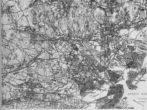 Boston. Illustrates central growth at points on railroad axis, issuing from the city.