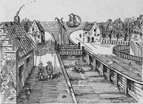 Broad street canal of New York in 1650. Location of early mercantile houses and the first exchange.