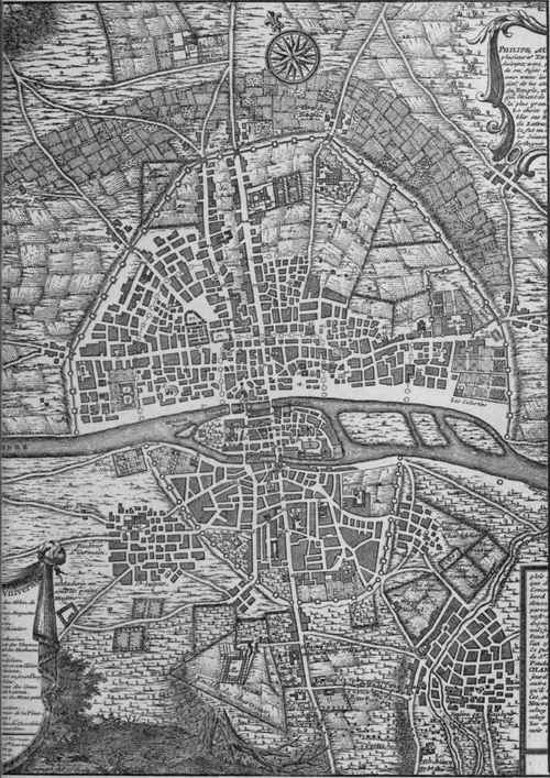 EVOLUTION OF A CITY. Paris 1367 to 1383. Third wall on north side includes added area. City shows marked growth on north side within the walls and on the south side, outside the walls.