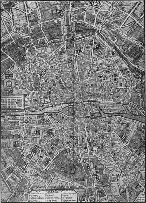 EVOLUTION OF A CITY. Paris in 1705. The city has spread in all directions. The high land to the north is being cut up into building tracts.