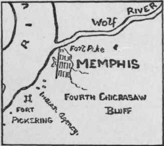 First map of Memphis, showing start of city at junction of Wolf River and Mississippi River.