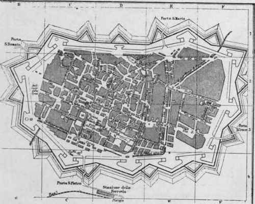 Lucca, Italy, in 1870. Example of European city surrounded by fortifications, tending to concentrated land utilization.