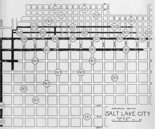 Salt Lake City. Residence section. Figures represent value of corners, for lot of average width and depth, in dollars per front foot.