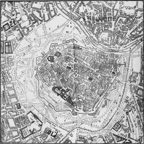 Vienna, 1873. Showing fortifications and surrounding ring (used as a park), which made the old business center, in effect, an island.