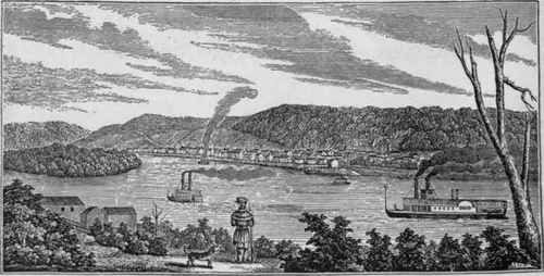 Wheeling, W. Va., in 1845. Showing first growth parallel to river. The road over the hill is the National Pike.