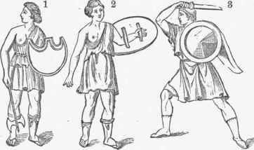 1, 2. Amazons with the Pelta, from a marble bass relief. 3. Parma, from a terra cotta bass relief.