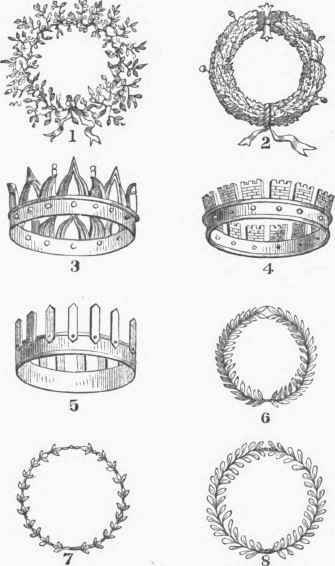 Roman Crowns. 1. Corona obsidionalis. 2. Civic Crown. 3. Naval Crown.
