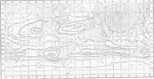 Diagram VIII.   Isobars and Prevailing Winds for July, August, and September.