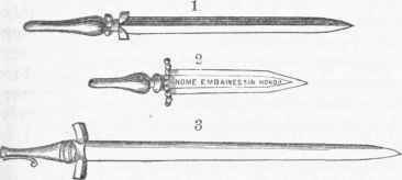 First Bayonets. 1. Bayonet of 1640, triangular blade, fastening in bore of musket. 2. Spanish Bayonet, fastening in bore. 3. French Bayonet, fastened by ring and spring.