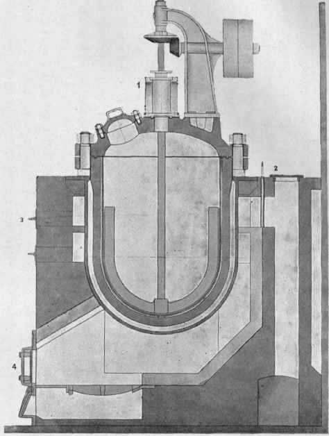 Fig. 30.   Section through an autoclave (scale 1:40). 1. Water cooled stuffing box. 2. Flue with cover and damper. 3. Flue doors for cleaning. J4. Furnace doors.
