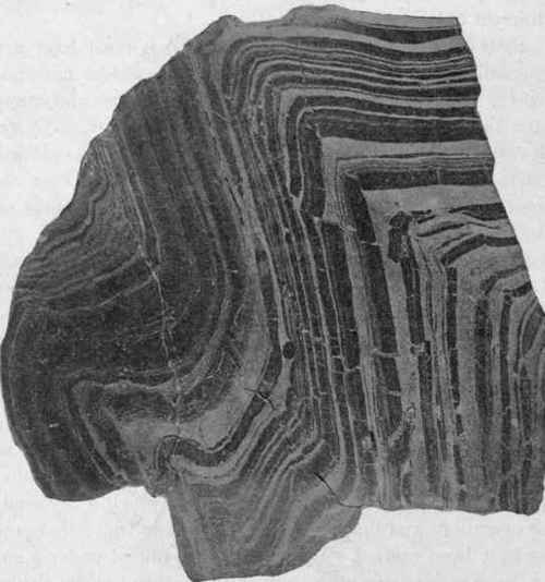 Folded and fractured iron ore and jaspilite, Lake Superior region.