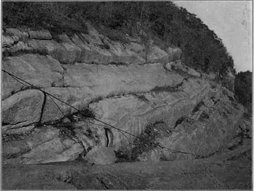 Limestone faulted on bedding planes, with vertical slickensides; Rondout, N.Y.